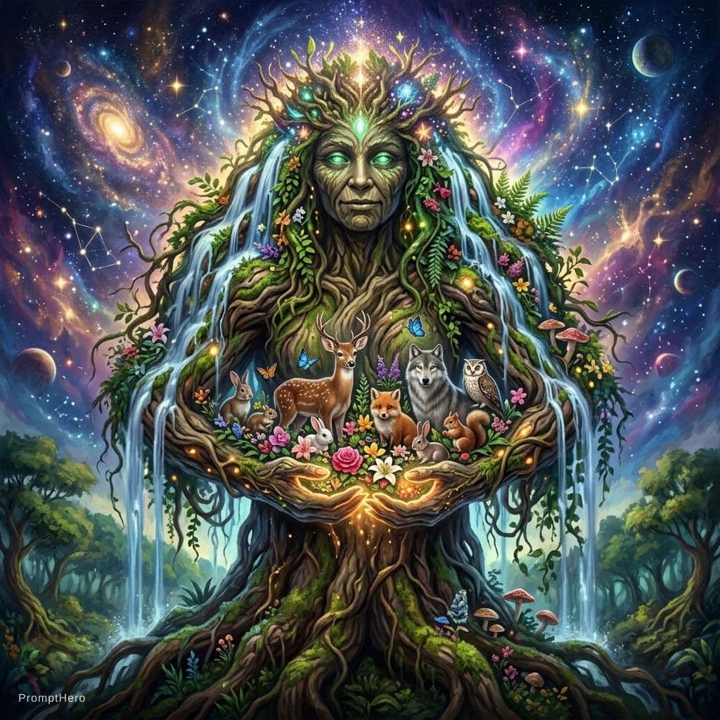 AI generated: Mother Earth is depicted as a powerful, ancient tree spirit with skin like bark and hair made of cas...