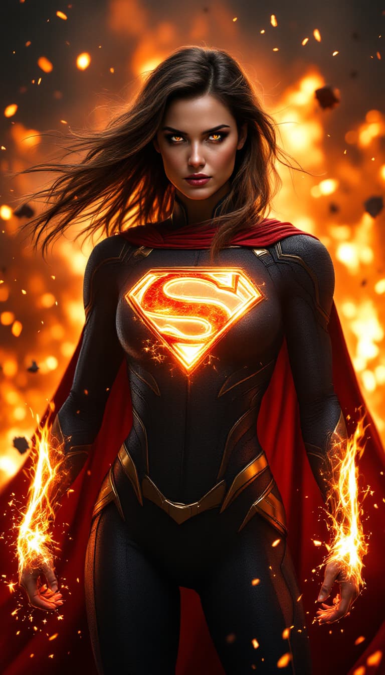 AI generated: A stunning female superhero standing powerfully amidst a dramatic, fiery background with embers and ...