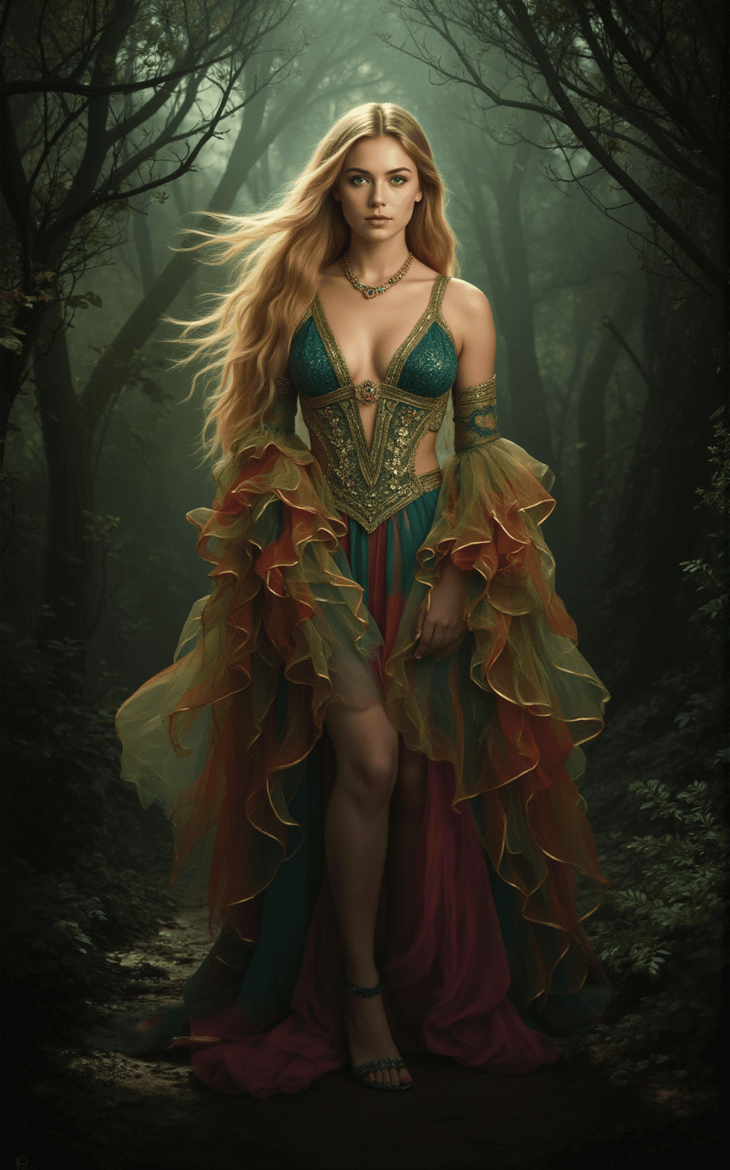 AI generated: A stunning Belgian princess stands at the center of an enchanted, shadowy forest, her captivating gr...