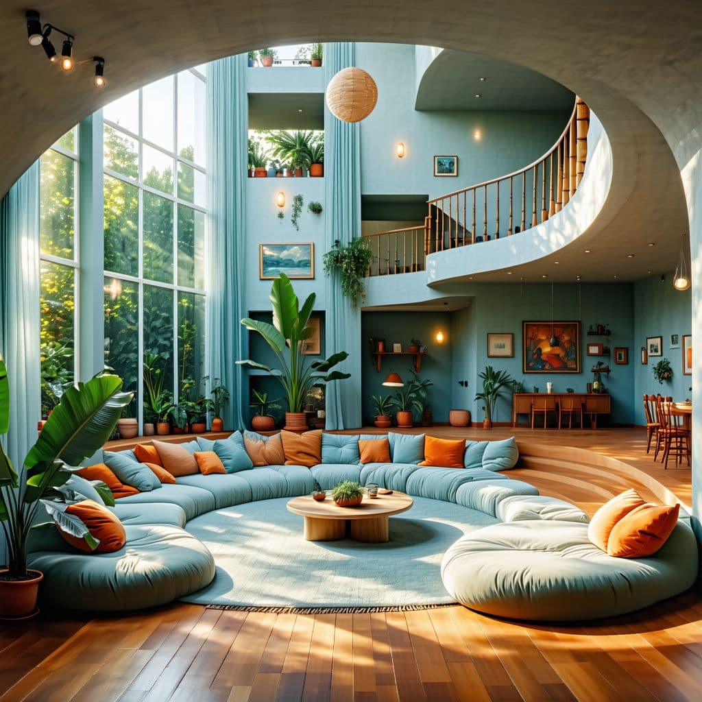 AI generated: High resolution photography interior design, dreamy sunken living room conversation pit, wooden floo...