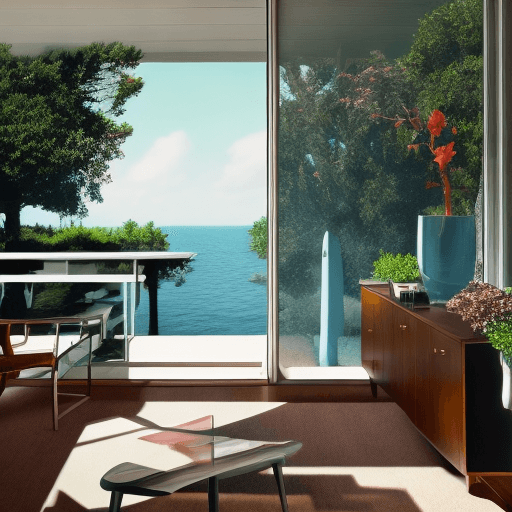 AI generated: Hyper realistic eye level exterior photo of a mid century modern style house overlooking the ocean, ...