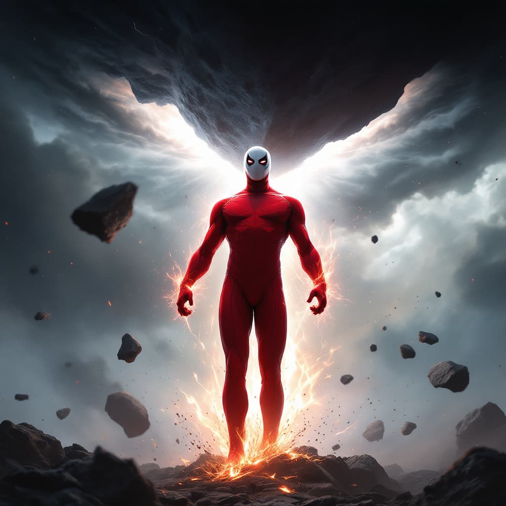 AI generated: A heroic figure dressed in a bright red suit, which is sleek and form-fitting, radiating an intense,...