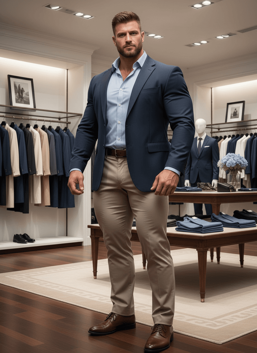 AI generated: At a very luxurious clothing store. His pants are beige, he has a dress baby blue shirt long sleeve....