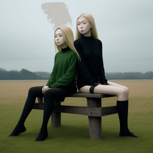 AI generated: a couple of women sitting on top of a wooden bench, inspired by Ren Hang, tumblr, standing in grassy...
