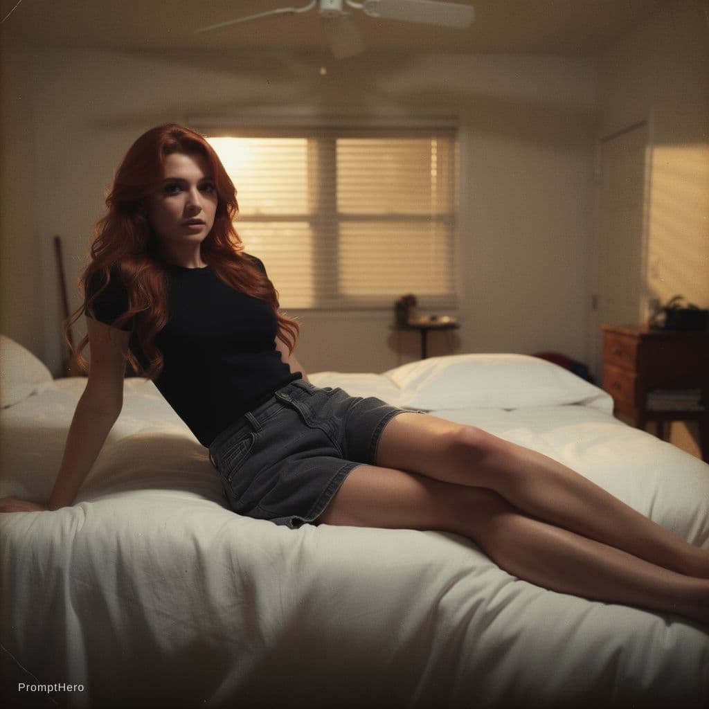 AI generated: A woman with long, tousled red hair cascading in loose waves over her shoulders lies sprawled across...