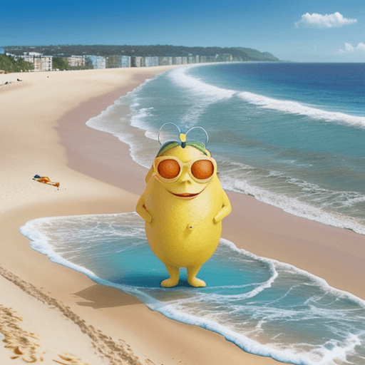 AI generated: A Pixar-style 3D lemon character relaxes on a sunny beach wearing sunglasses, against a backdrop of ...