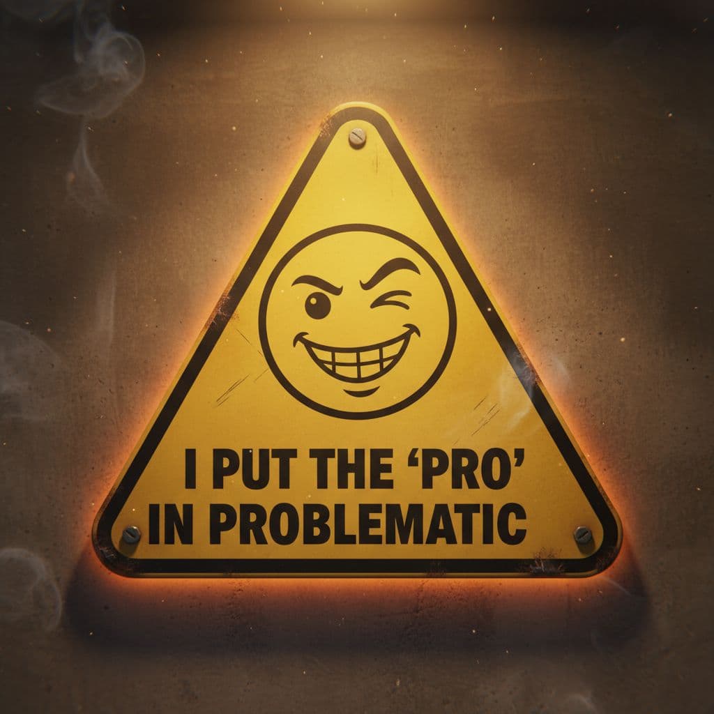 AI generated: "I Put the ‘Pro’ in Problematic" — 3D hazard sign with a smirk