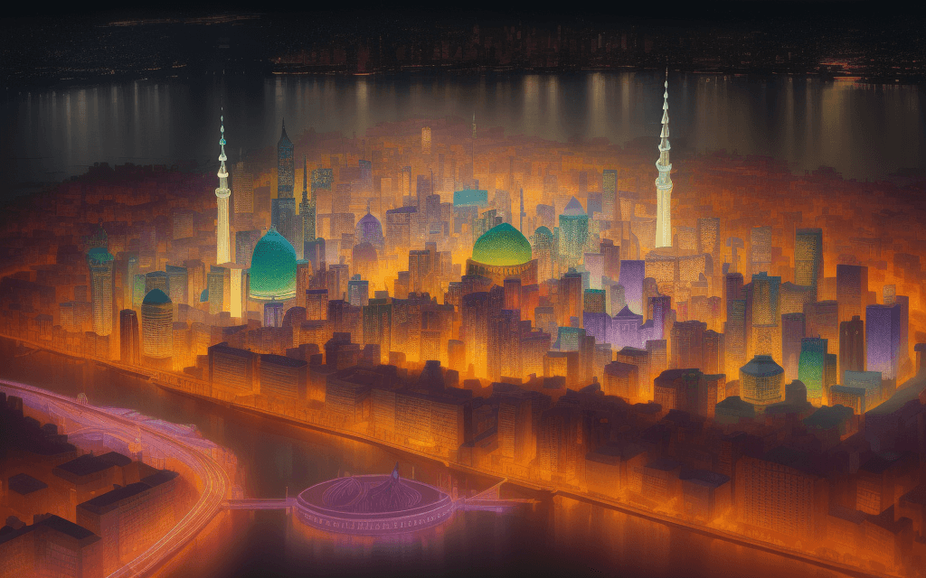 AI generated: A paper cut of a cityscape, with vibrant colors, delicate details, Art Frahm, accent lighting, Islam...