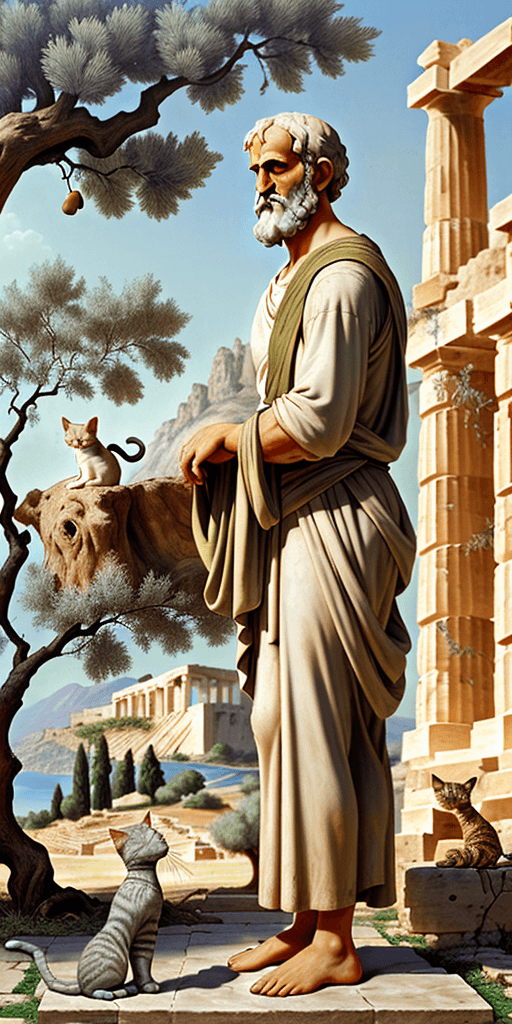 AI generated: Full height side view Portrait of an old philosopher Aristotle, standing near an olive tree and look...