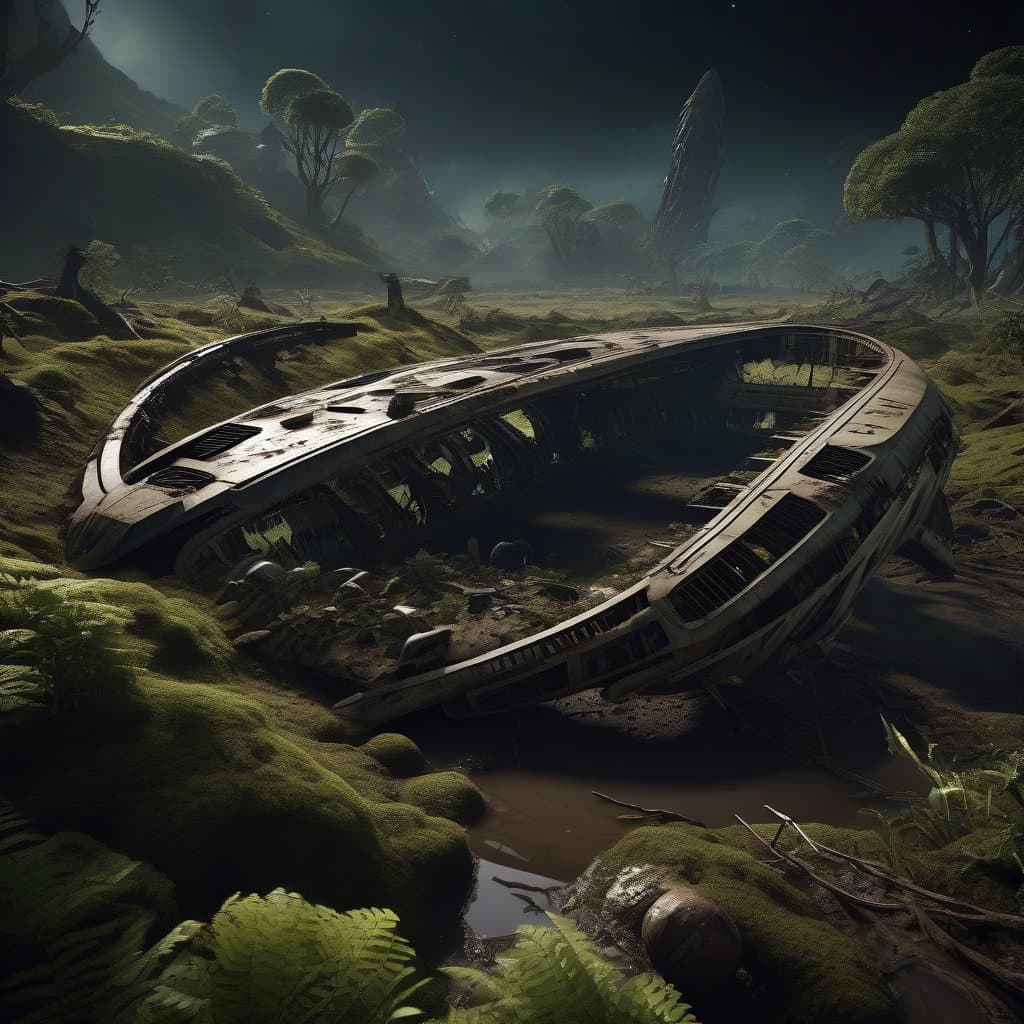 AI generated: highly detailed wreckage of mile-long ancient [horseshoe:spaceship:0.2] crash landed on alien planet...