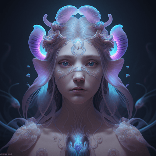 AI generated: Goddess close-up portrait ribcagel. jellyfish phoenix head, nautilus, orchid, skull, betta fish, bio...