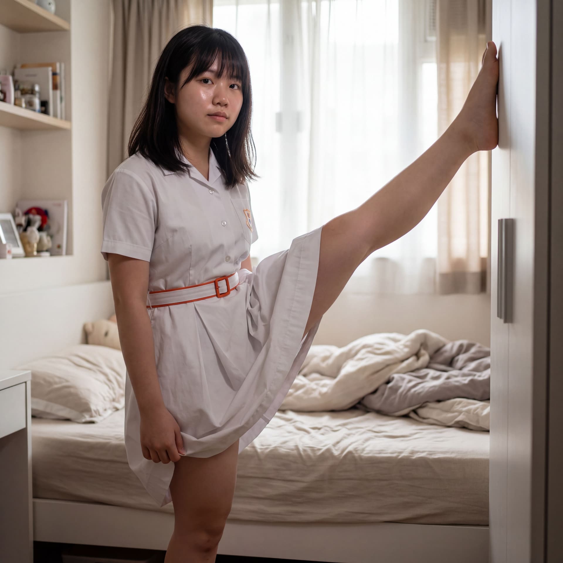 AI generated: 18 year old hong kong female in hong kong uniform (full white and short)+[belt with orange boundary]...