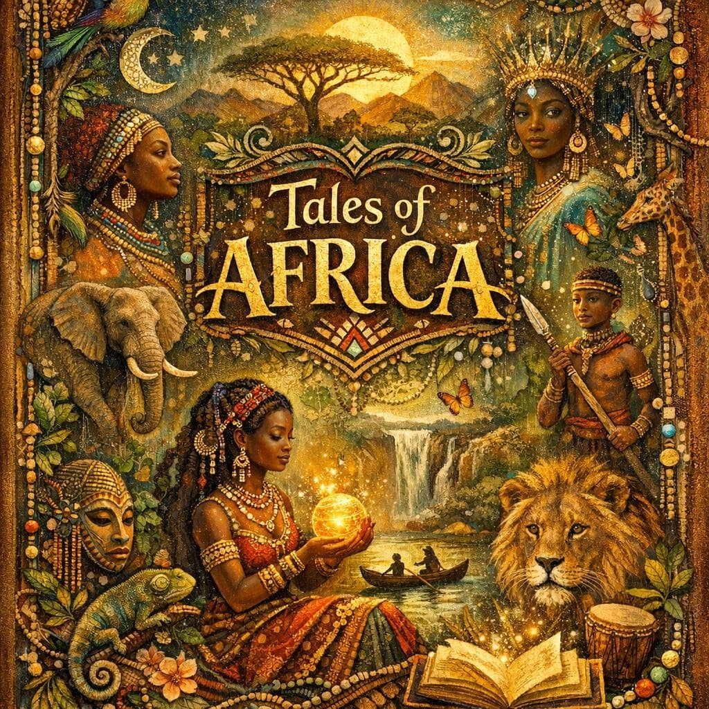 AI generated: African version of an elaborate fairy tale book cover, mixed media style, enchanting mood. Bing
