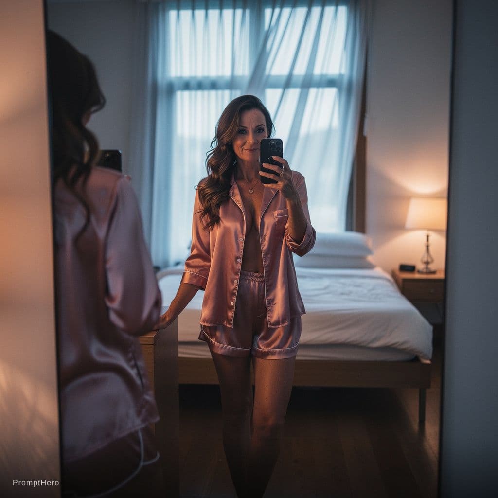 AI generated: A luminous, cinematic mirror selfie in a moonlit bedroom, centered on an adult woman with long, soft...
