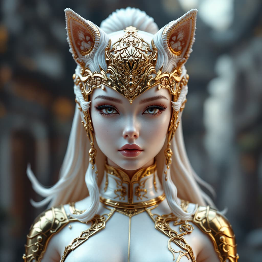 AI generated: a close up of a statue of a foxy girl with a gold and white costume, super detailed render, 3 d rend...