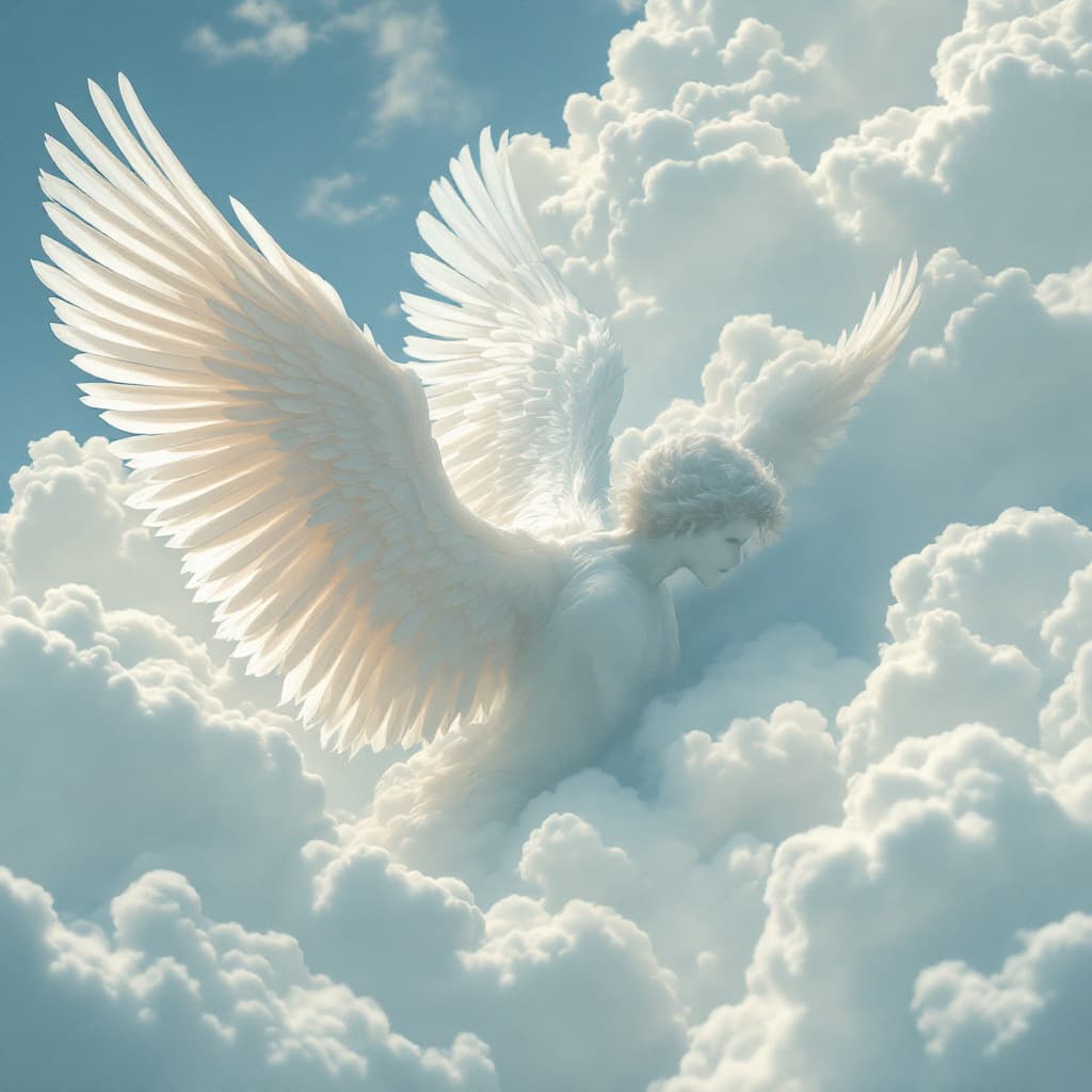 AI generated: Delicate  Angel wings in the clouds,  male masculine angel, blue sk --ar 3:4 --style raw --v 6.1 --s...