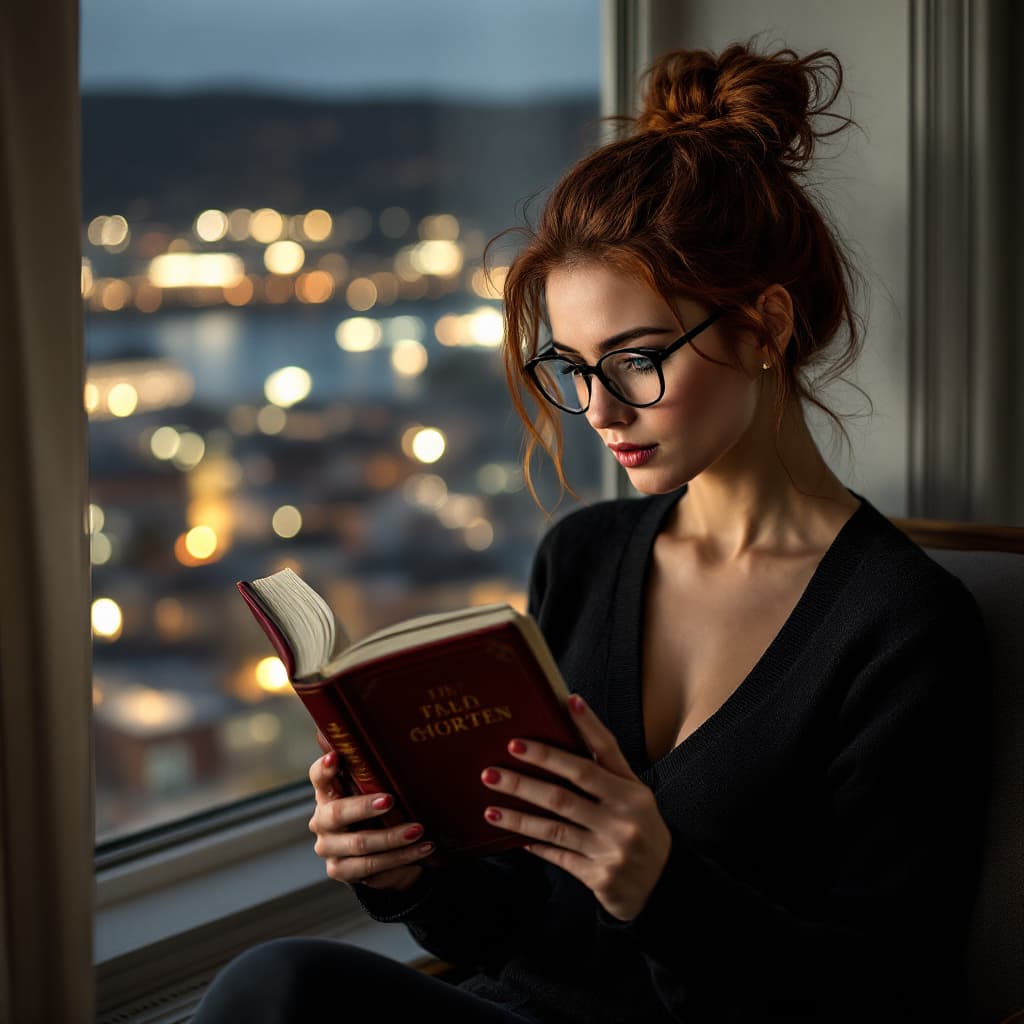 AI generated: a woman sitting in a chair next to a window with a view of a small city at night, reading a classic ...