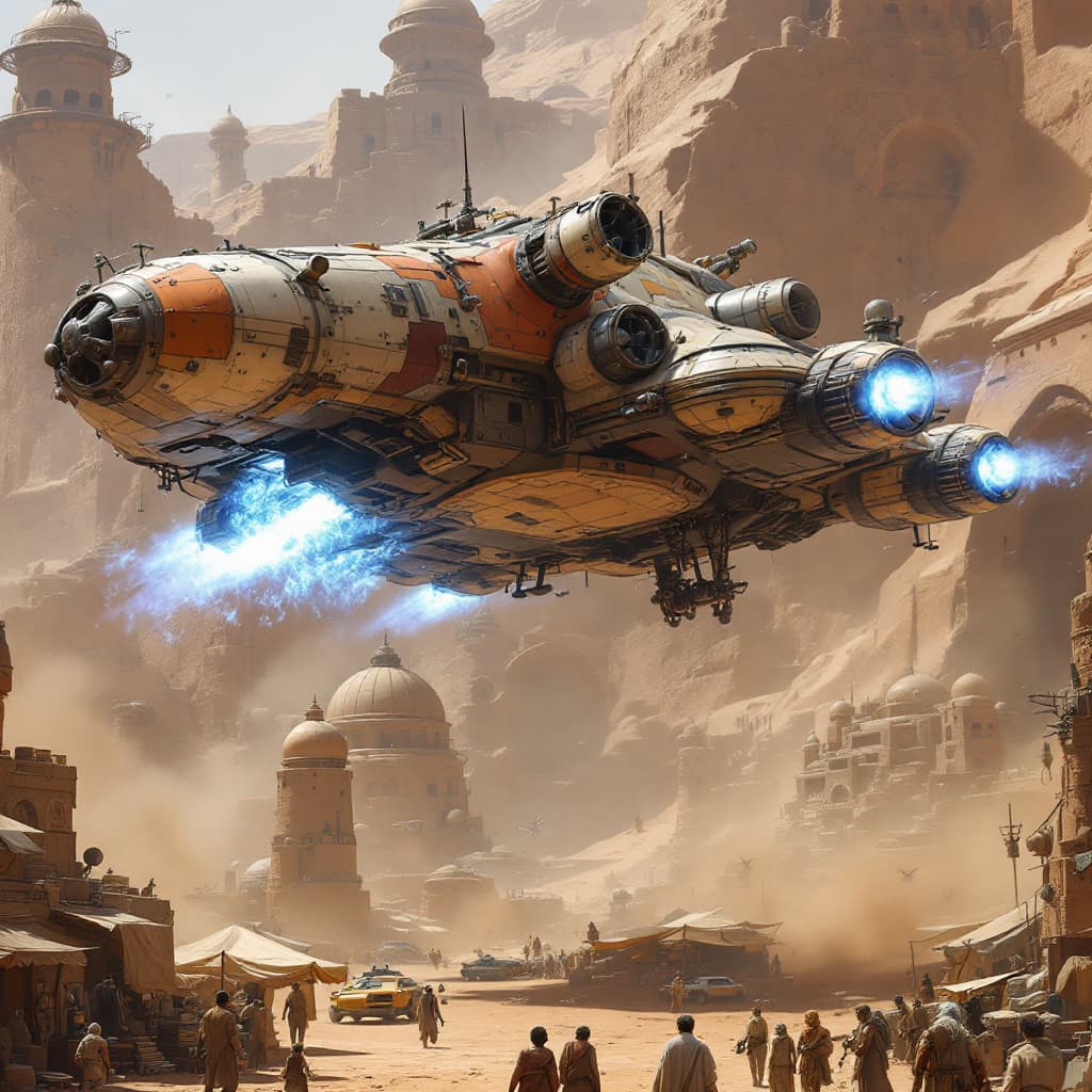 AI generated: "A hyper-detailed scene of a rugged, Star Wars-style spaceship taking off from the bustling, gritty ...