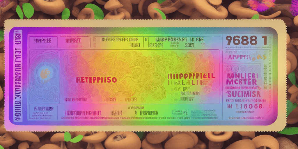AI generated:  Hyper realistic printed ticket pdf, with name Miguel, with mushrooms, happiness, colorful; 8k, intr...