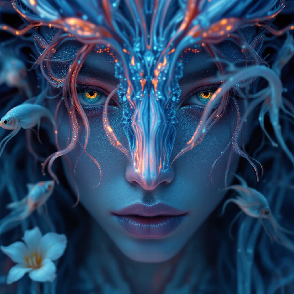 AI generated: Goddess close-up portrait ribcagel. jellyfish phoenix head, nautilus, orchid, skull, betta fish, bio...