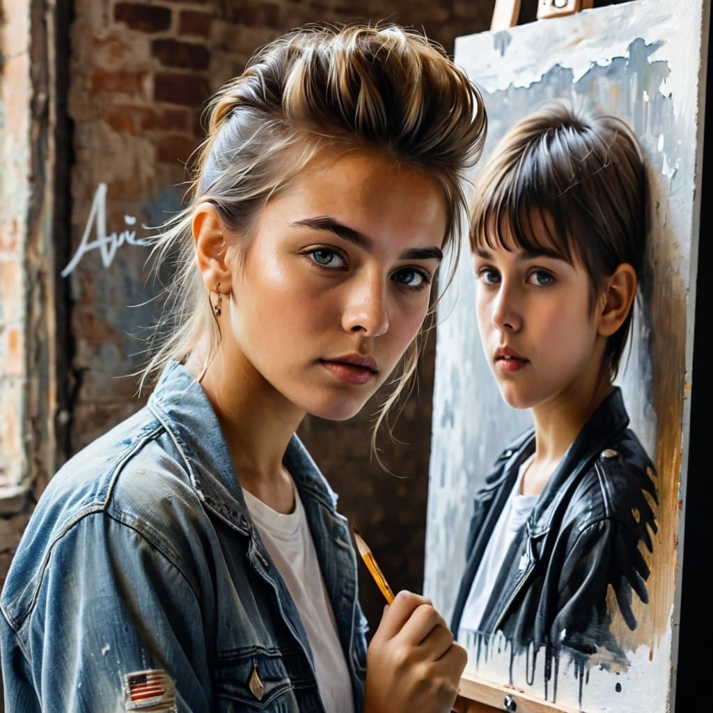 AI generated: acrylic illustration, epic realistic, soviet cartoon, moody cinematic realistic, (young boy and girl...