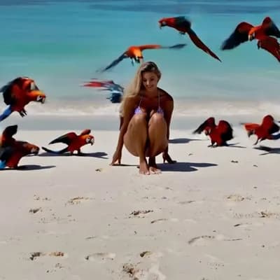 AI generated video: a beautiful young tanned blonde girl sitting naked in a sexy pose on a tropical beach circled by col...