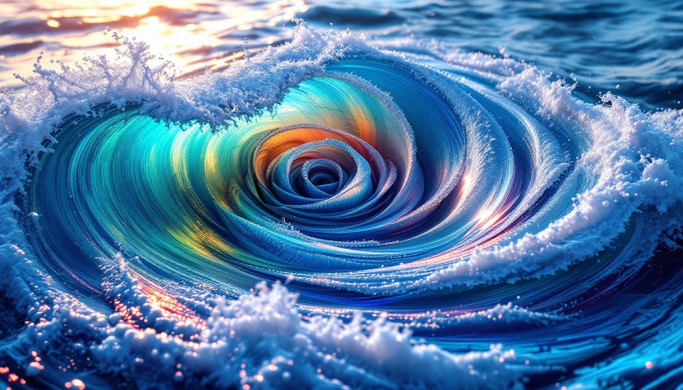 AI generated:  sea scape and giant rose pattern ocean wave with sea foam, in a shape of a rose, crashing on the sh...