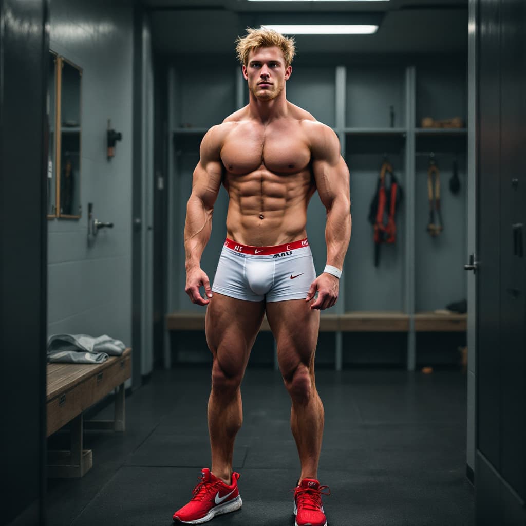 AI generated: Logan paul standing in locker room in white jock strap underwear and red nike running shoes