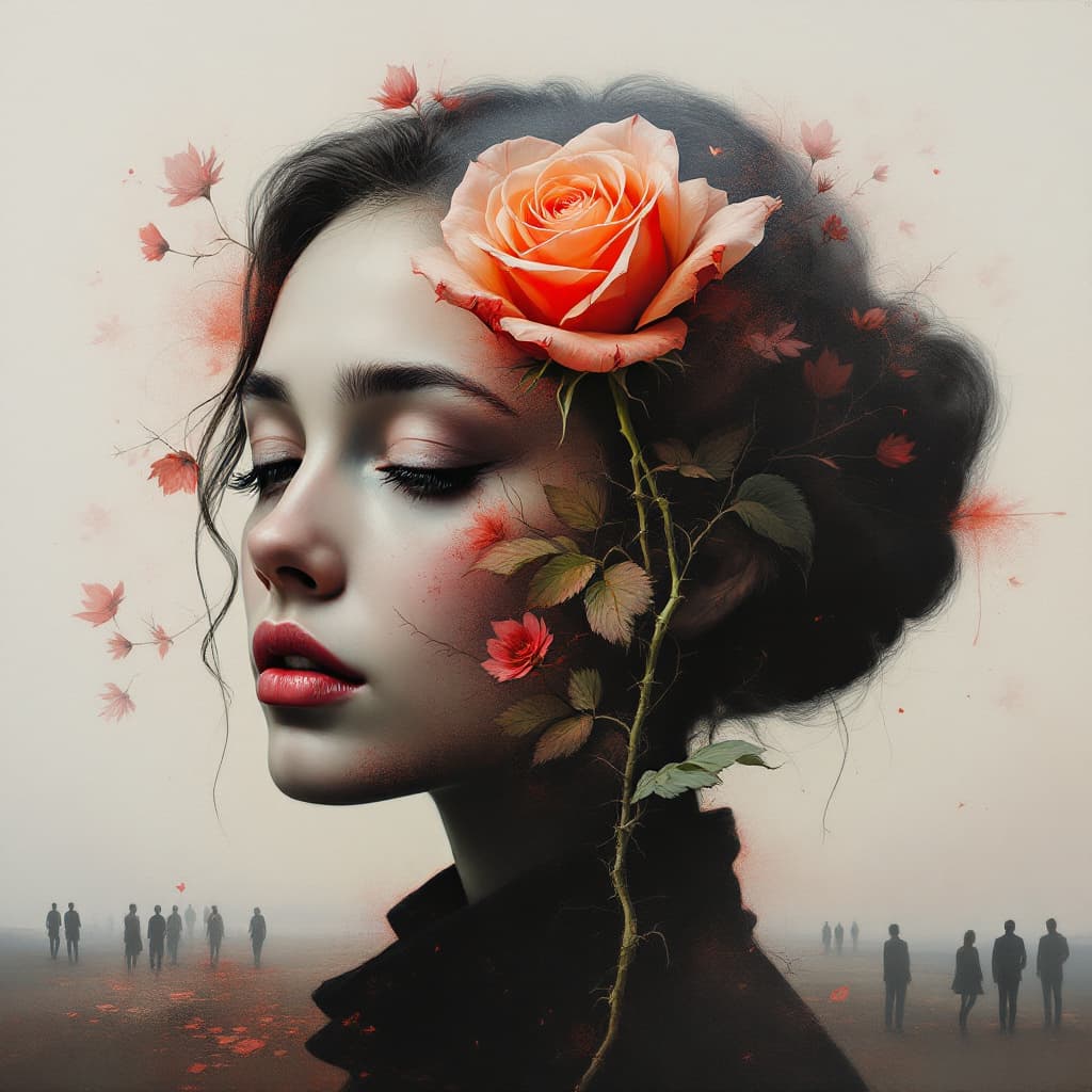AI generated: A poignant oil painting in the style of romantic realism, using the technique of double exposure to ...