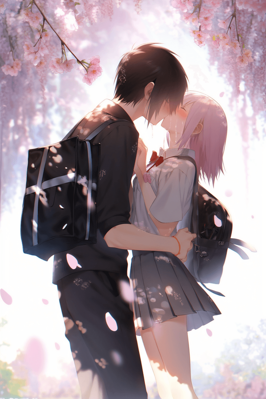 AI generated: Anime boy kisses a stunning girl, masterpiece, eechi, yuri, ero anime, Fakku, in the style of Yamato...