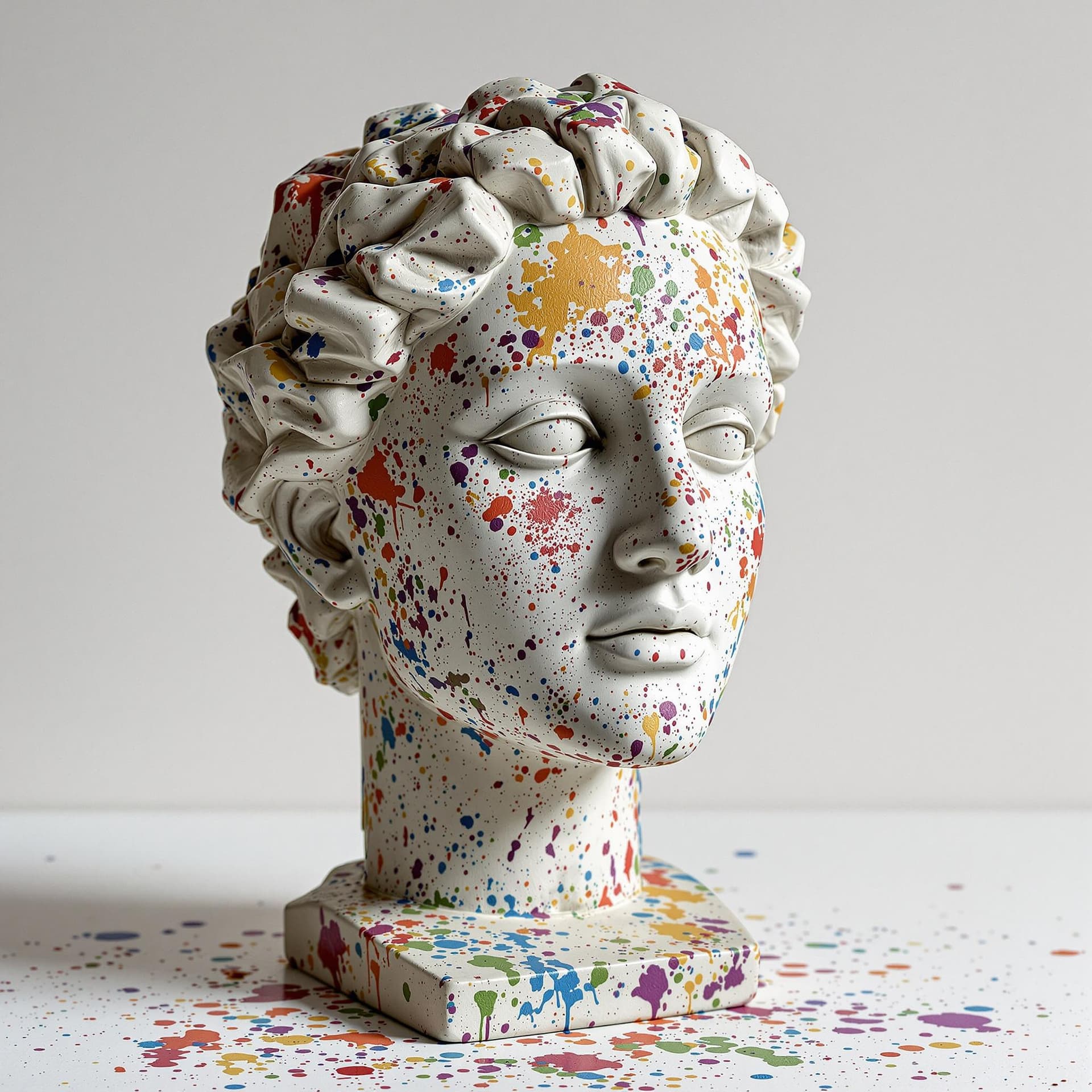 AI generated: An old marble bust sculpture splattered with colorful paint --v 6.0