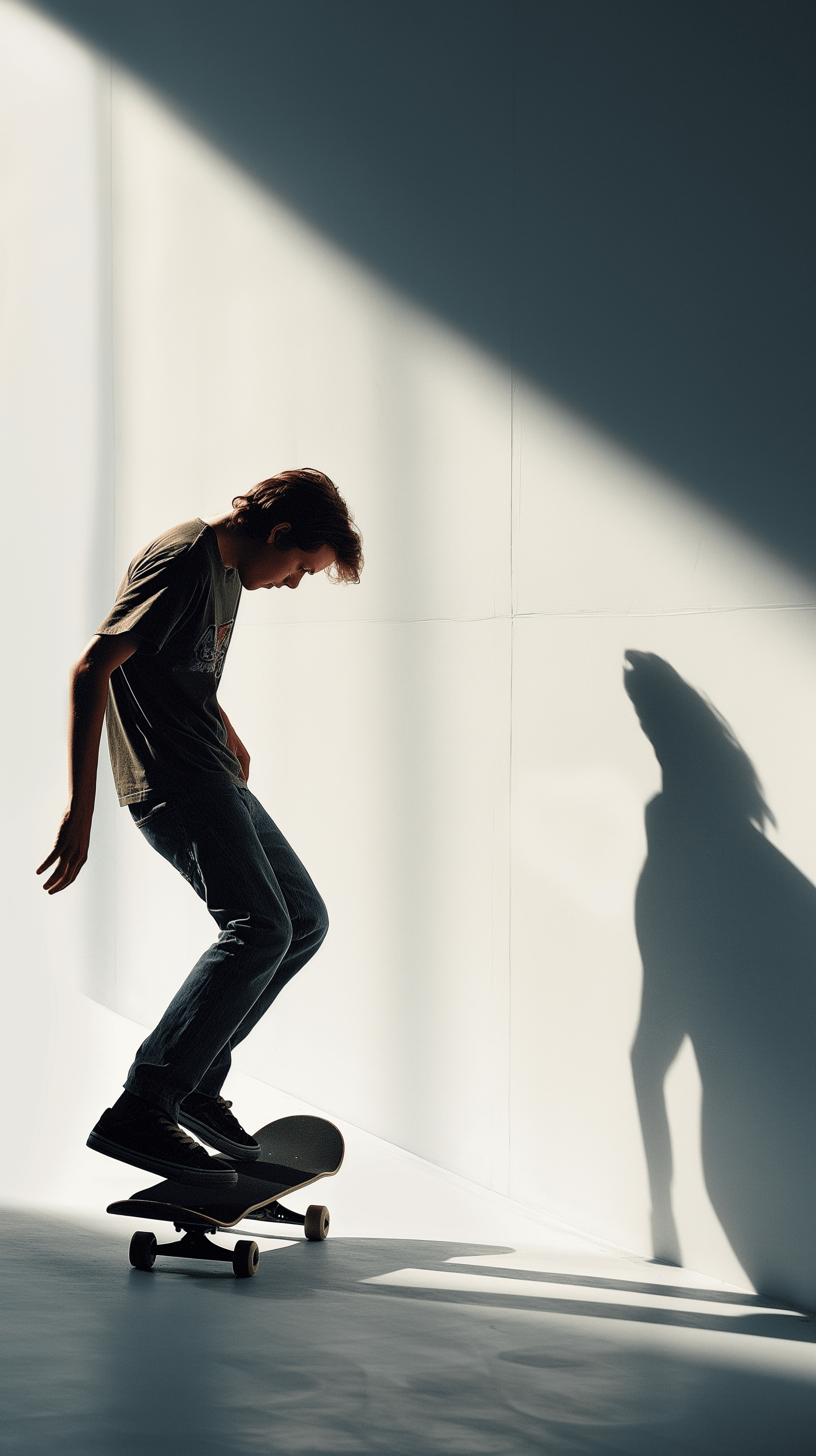 AI generated: image capturing a dynamic scene of a skateboarder, young male, depicted mid-kickflip, his body angle...