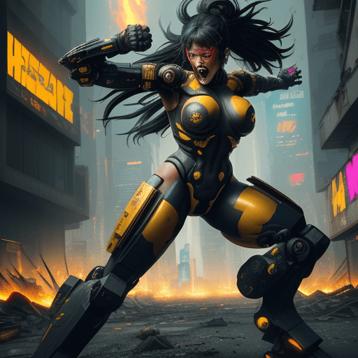 AI generated: painterly style, photorealistic, detailed flying debris, more colorful, a screaming in rage cyberpun...
