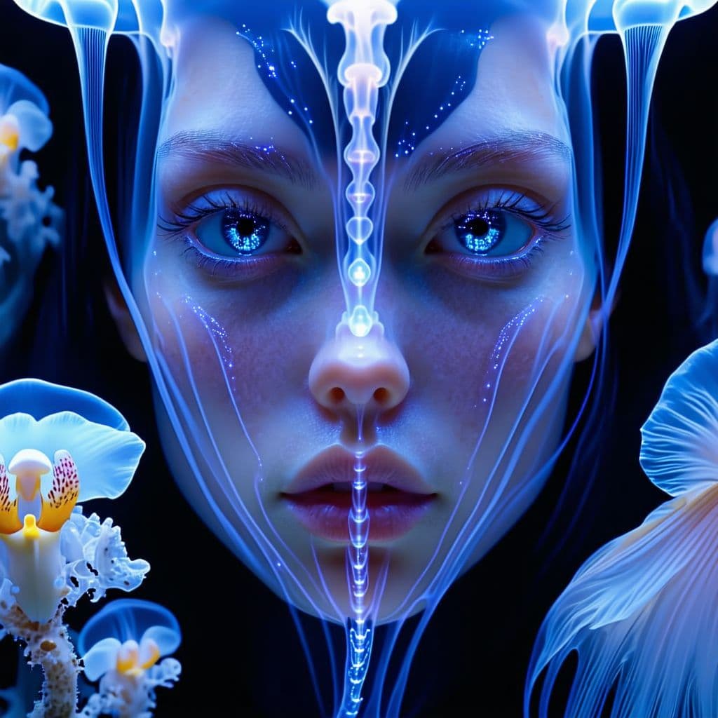 AI generated: Goddess close-up portrait ribcagel. jellyfish phoenix head, nautilus, orchid, skull, betta fish, bio...