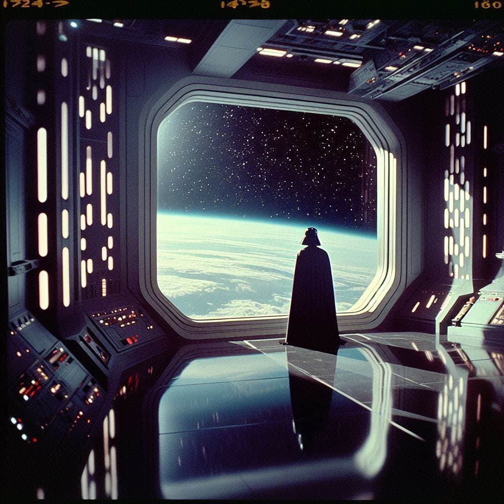AI generated: panned out camera shot 35mm, darth vader in an imperial space station looking out a giant window hig...