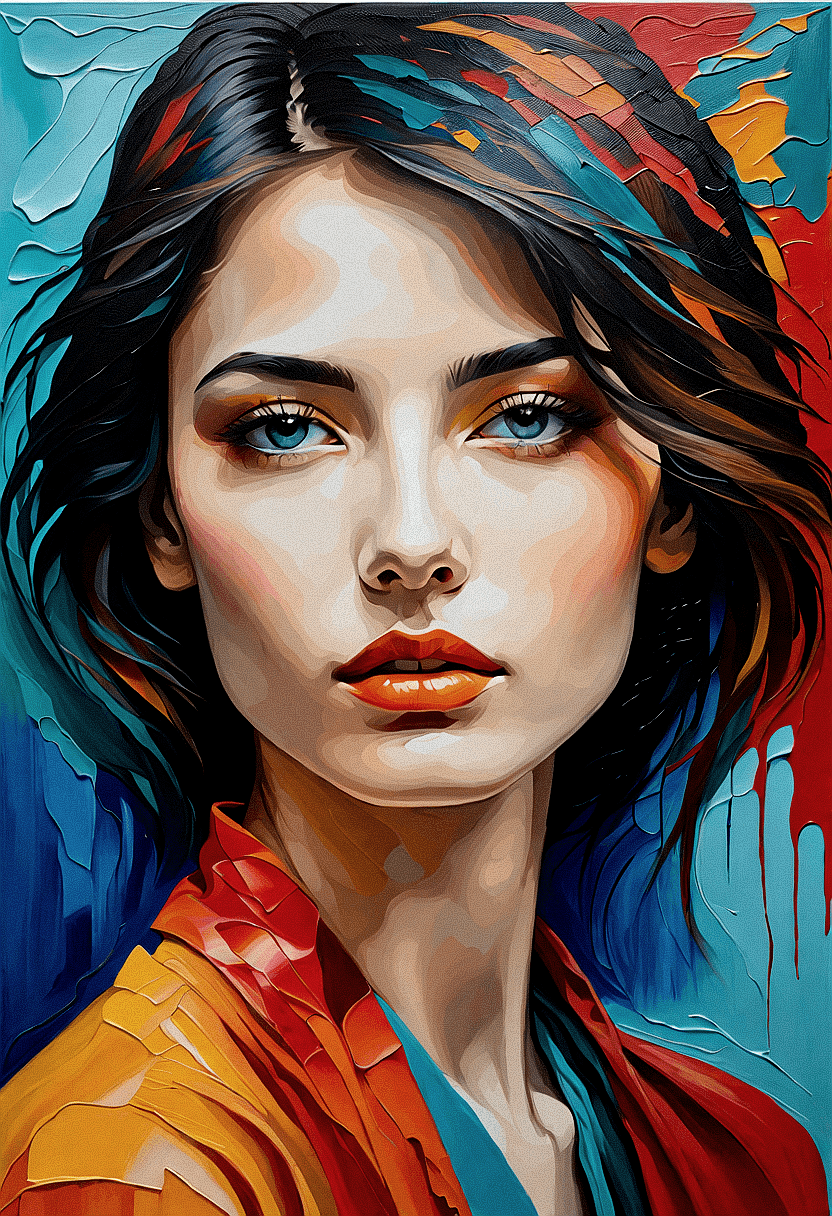 AI generated: Envision a portrait painting of a woman with an intense gaze. The painting is an amalgamation of abs...