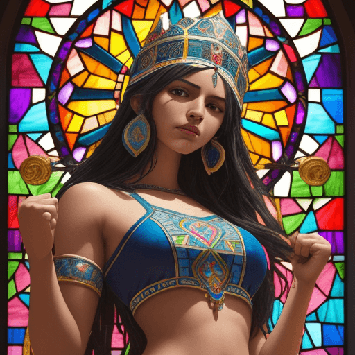 AI generated: Festival Latino, 2023, Hightstown, NJ, Rams, cheerleader, stained glass art of goddess, mosaic-stain...