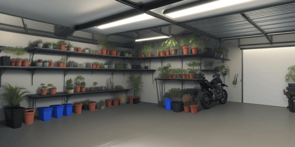 AI generated: garage full of plants in racks with. Light bars are fitted on roof