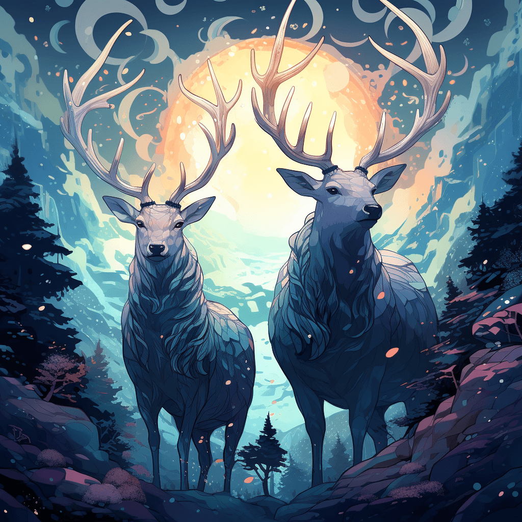 AI generated: two stags whose bodies are made of moonlight:: studio ghibli style