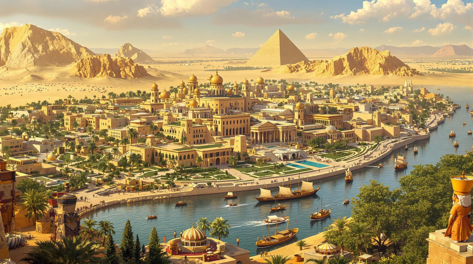 AI generated: a higly detailed overview photo of the ancient egypt capitol (in the year 300BC, lime- and sandstone...