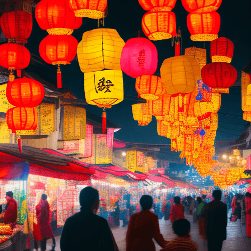AI generated: 
 A bustling Asian night market, illuminated by colorful lanterns suspended high above the ground. S...