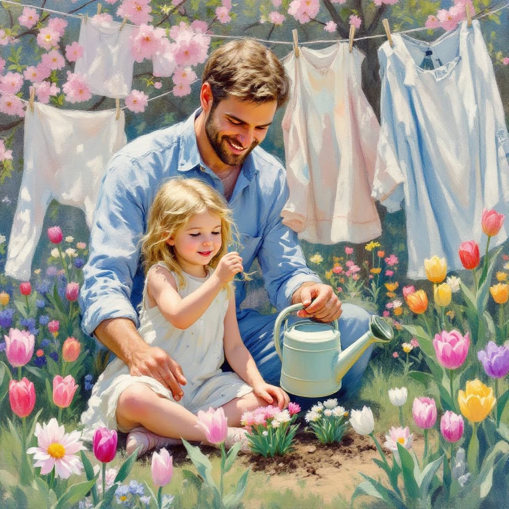 AI generated: Prompt: A father and his young daughter planting flowers in the garden during springtime. Laundry ha...