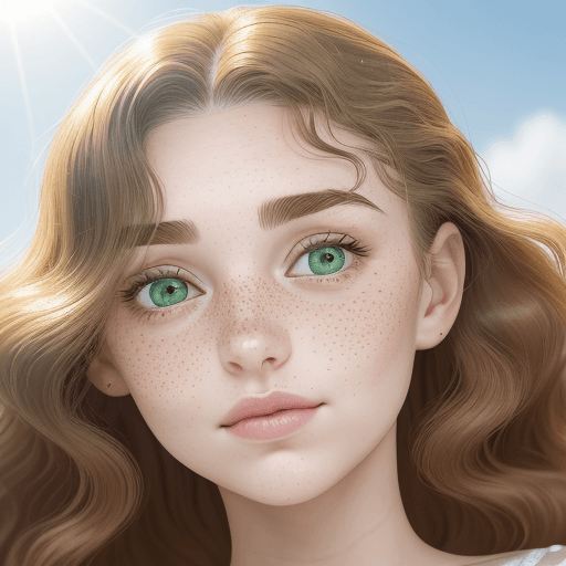 AI generated: In her mid-20s, she has a cascade of chestnut waves that gracefully falls to her shoulders, framing ...