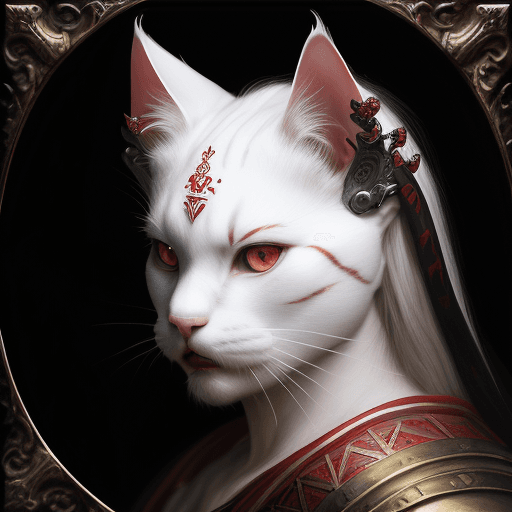 AI generated: photo of a white cat roaring, wearing red elegant armor, and a black laurel wreath on his head, deta...