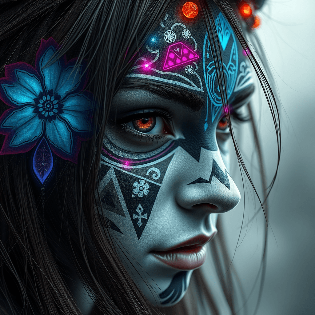 AI generated: close-up of a monochromatic maori collage painted on a gothic european face, hair falling on face, u...