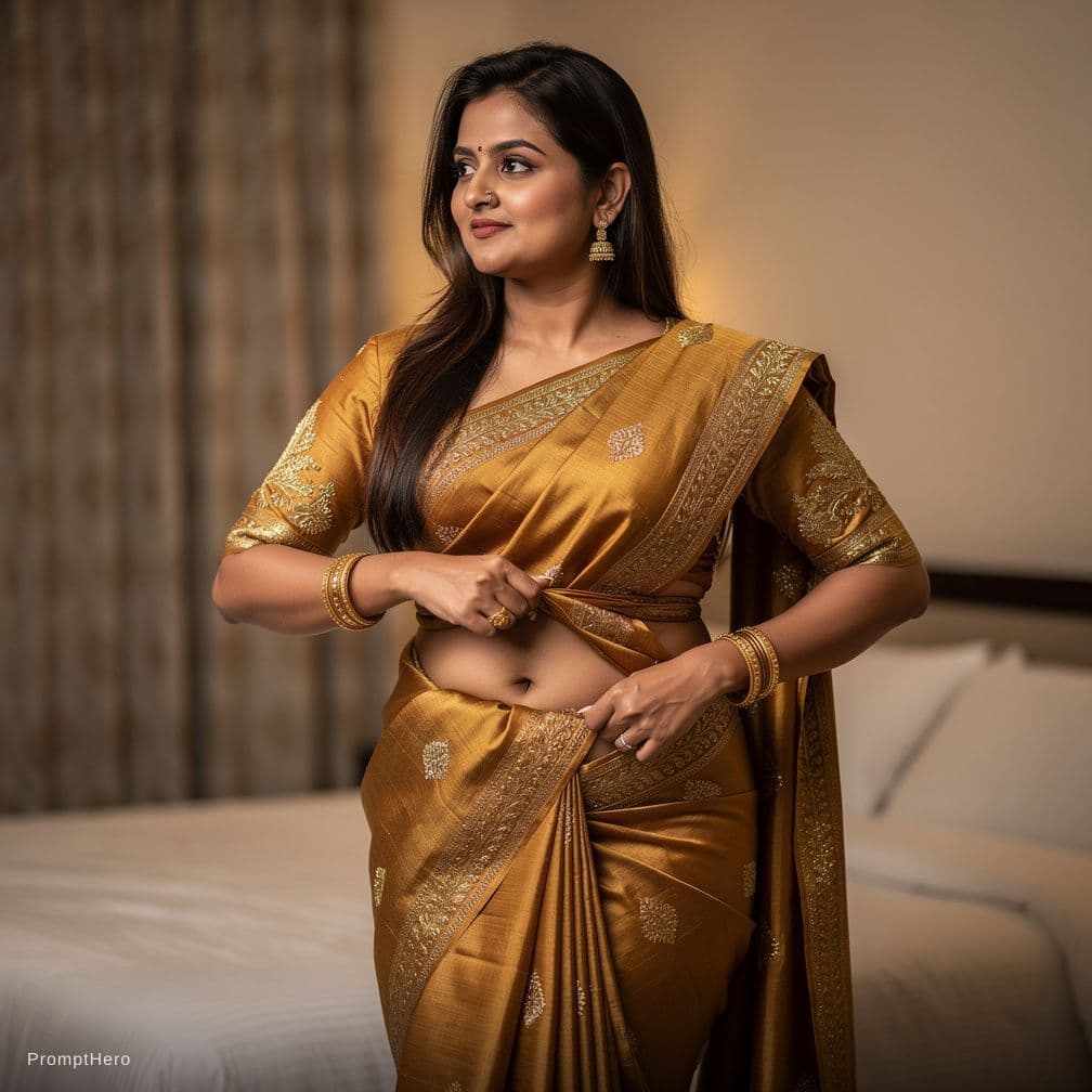 AI generated: A hot desi aunty removing saree showing body and navel with big waist 