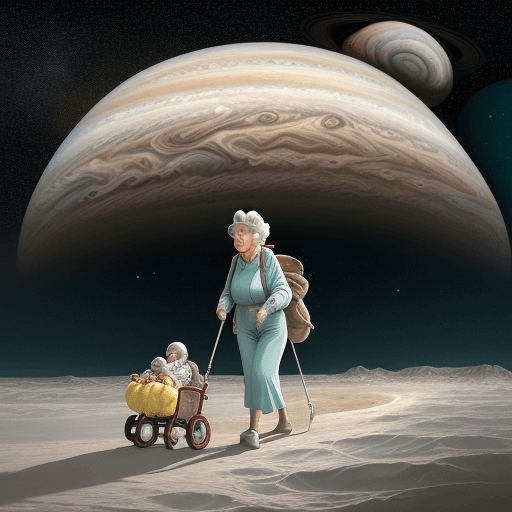 AI generated: Grandma Mildred, an adventurous grandmother with a love for the stars, takes a leisurely stroll on J...