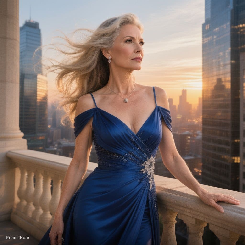 AI generated: Een elegante volwassen vrouw in een stijlvolle blauwe avondjurk staat op een klassiek balkon met uit...