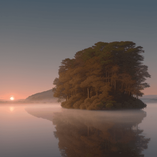 AI generated: Generate an image of a beautiful landscape bathed in the soft glow of dawn. In the foreground, a tra...