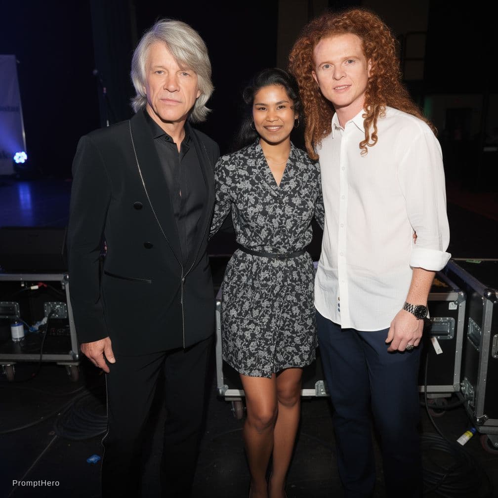 AI generated: Front view, hyper-realistic, full-length shot.backstage together at a concert 